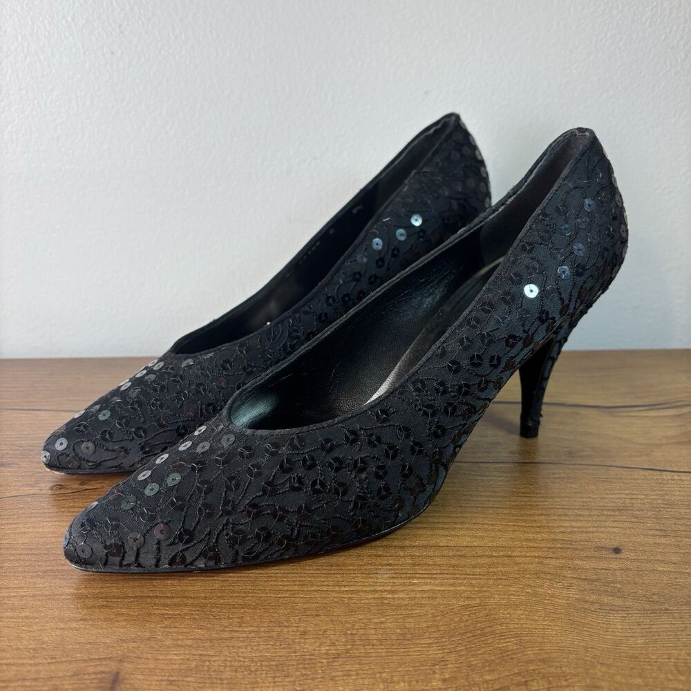 Stuart Weitzman Black Sequin Pumps Heels Vintage Size 8.5 Womens